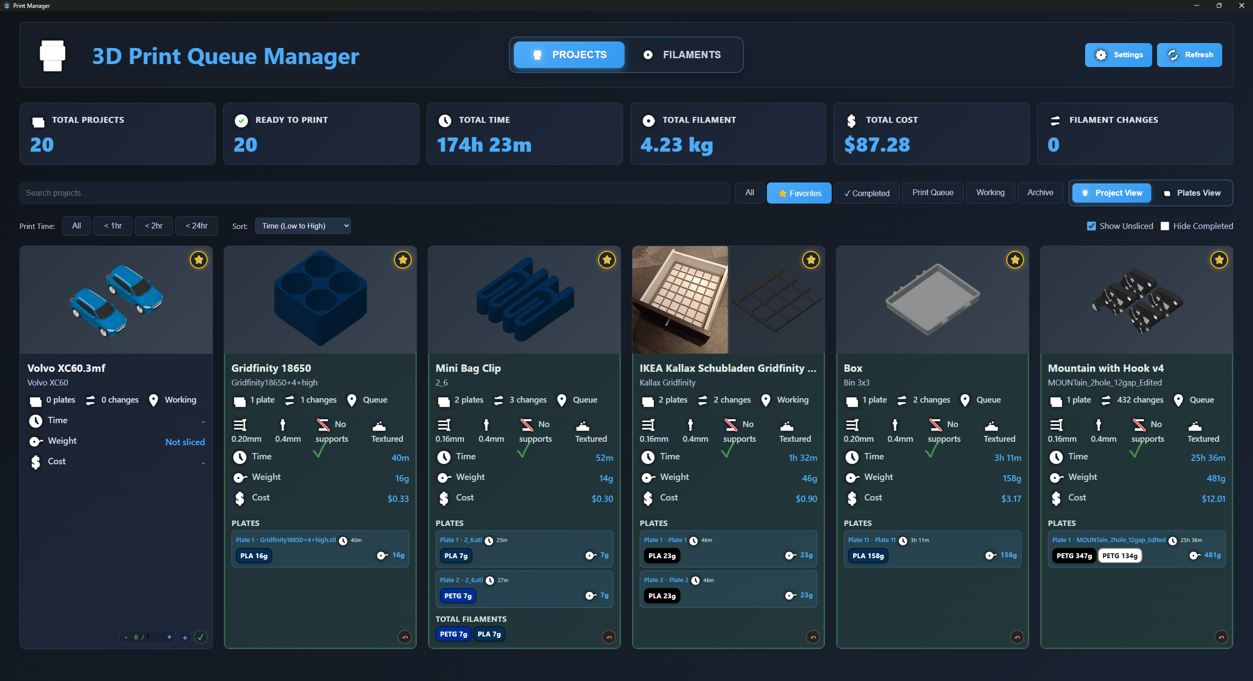 3D Print Queue Manager — project queue view