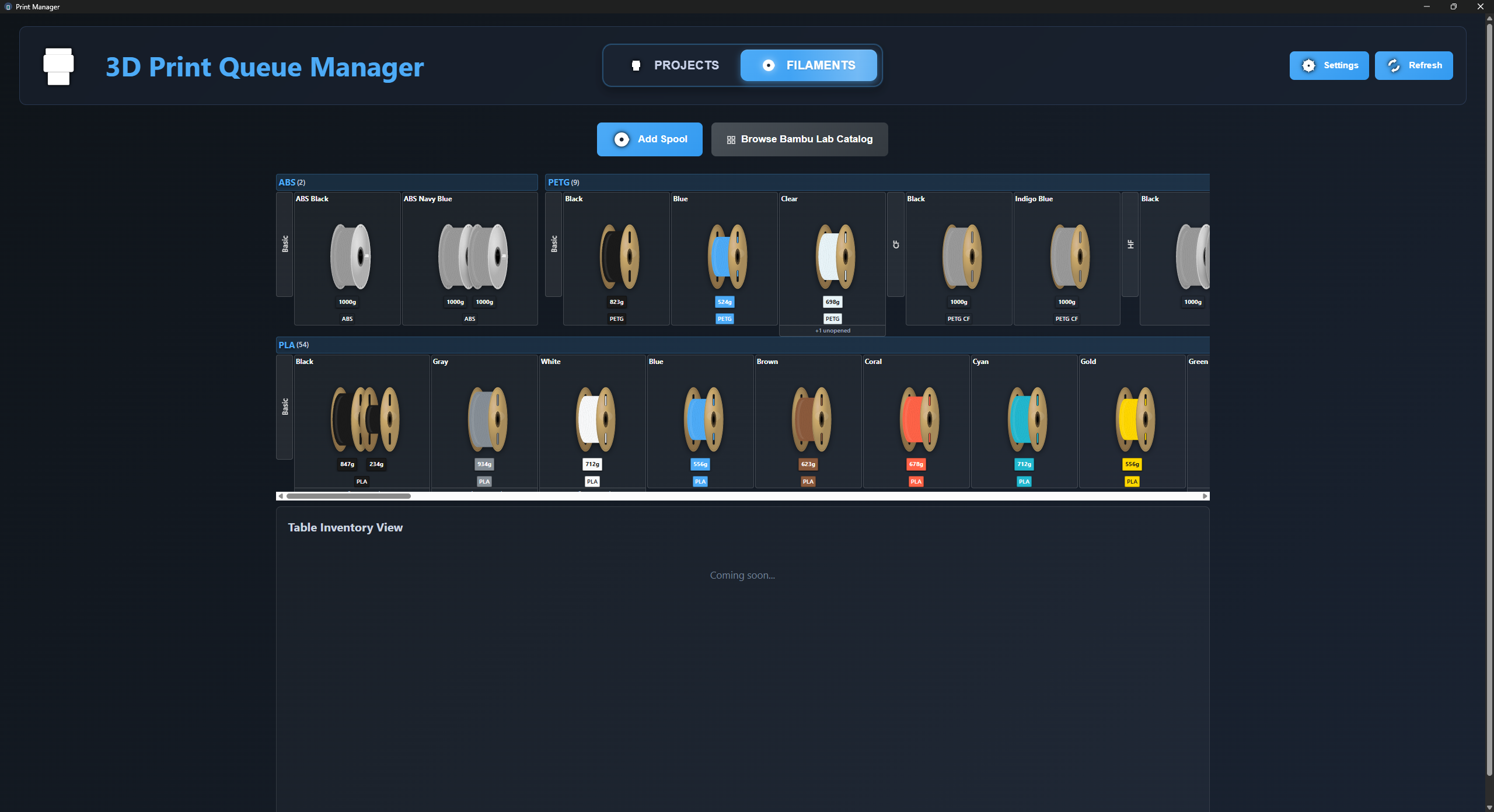 3D Print Queue Manager — filament inventory view